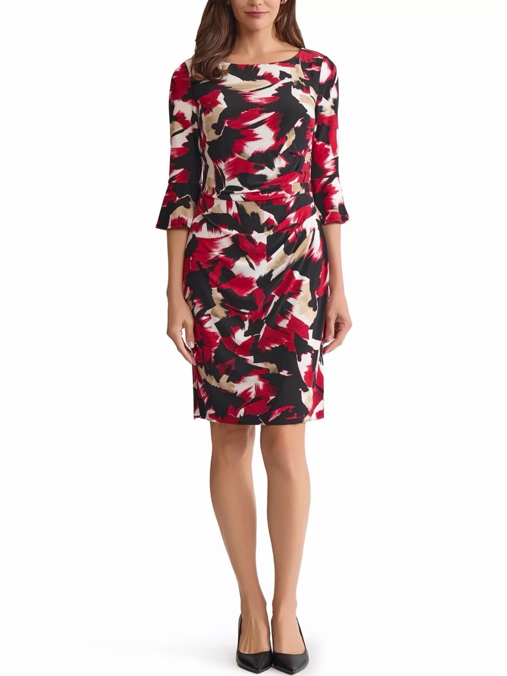 Kasper Brushstroke Print Ruffle Sleeve Knit Dress